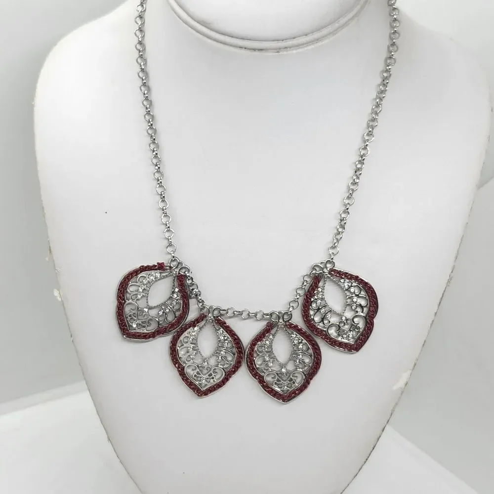 Silver Tone And Red Open Work Filigree Style‎ Necklace